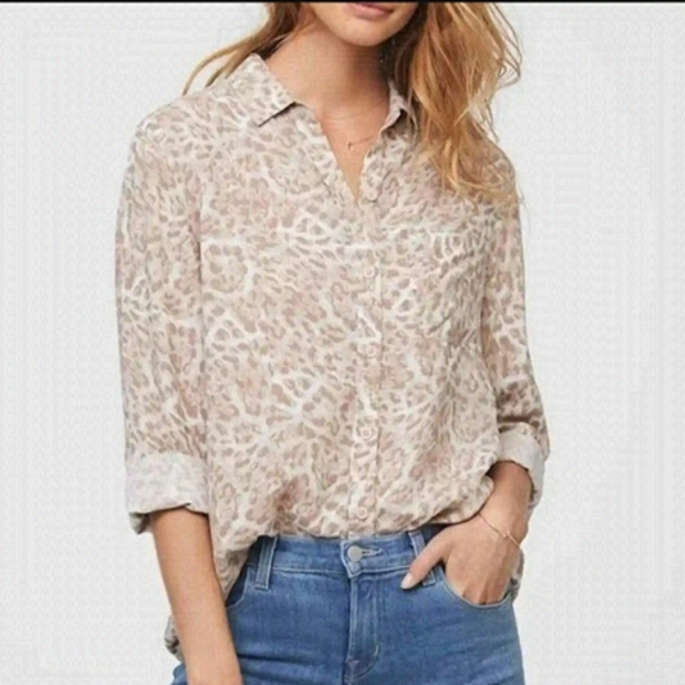 BEACH Lunch Lounge Flowy Coastal Tan Animal Print Blouse Size Large